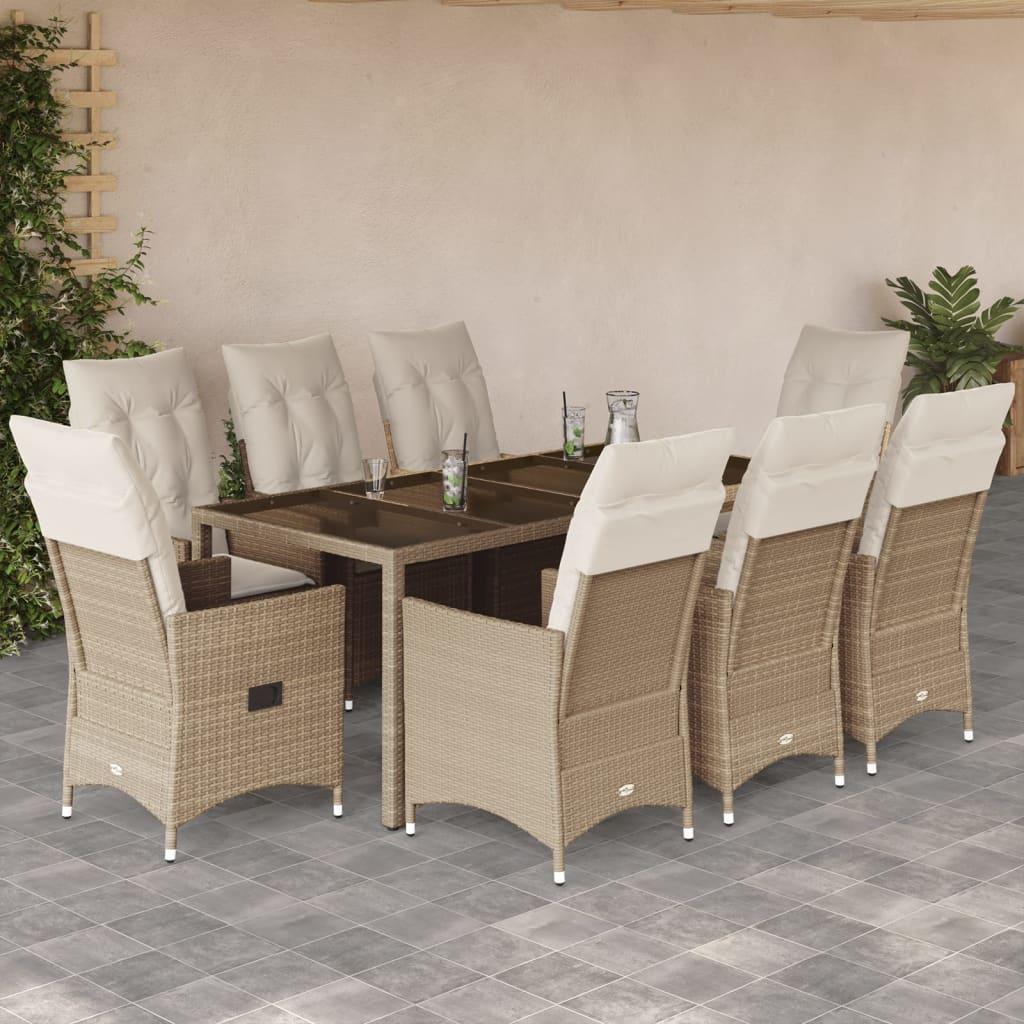 Spisebordssæt til haven 9 dele med hynder polyrattan beige