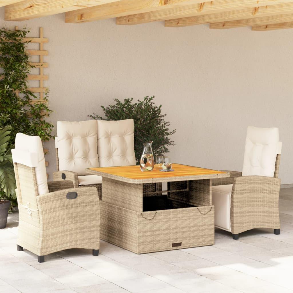 Spisebordssæt til haven 4 dele med hynder polyrattan beige