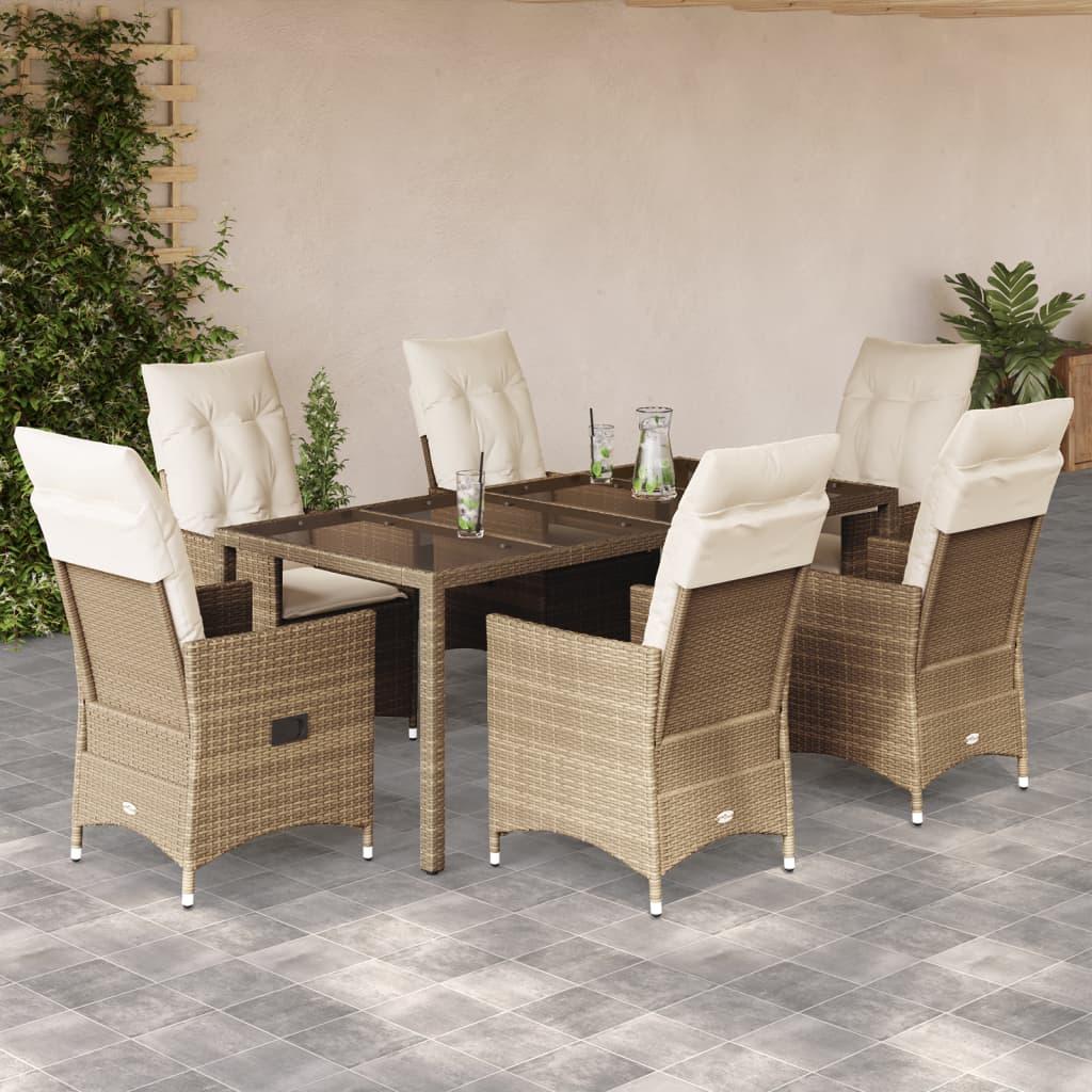 Spisebordssæt til haven 7 dele med hynder polyrattan beige