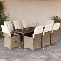 Spisebordssæt til haven 9 dele med hynder polyrattan beige
