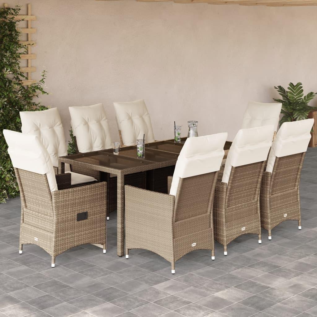 Spisebordssæt til haven 9 dele med hynder polyrattan beige