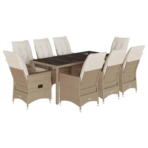 Spisebordssæt til haven 9 dele med hynder polyrattan beige