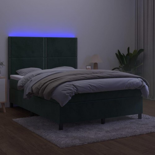 Kontinentalseng med LED-lys 140x200 cm fløjl mørkegrøn