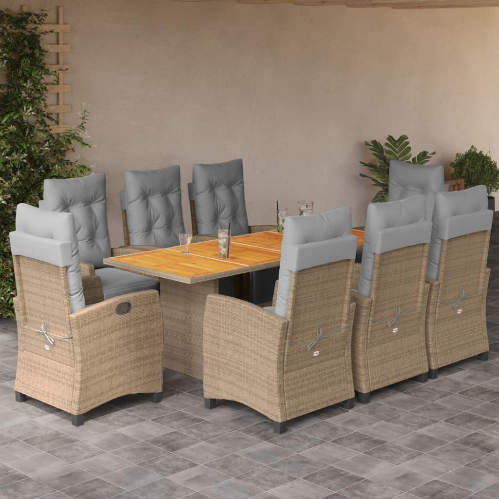 Spisebordssæt til haven 9 dele med hynder polyrattan beige