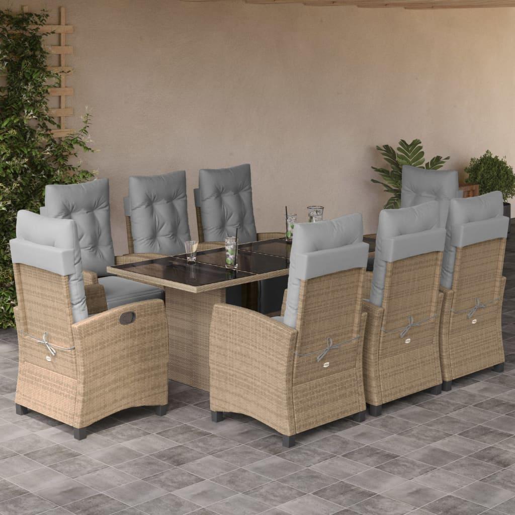 Spisebordssæt til haven 9 dele med hynder polyrattan beige