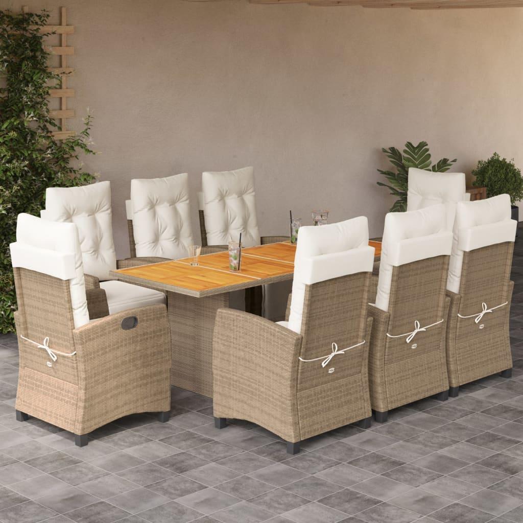 Spisebordssæt til haven 9 dele med hynder polyrattan beige