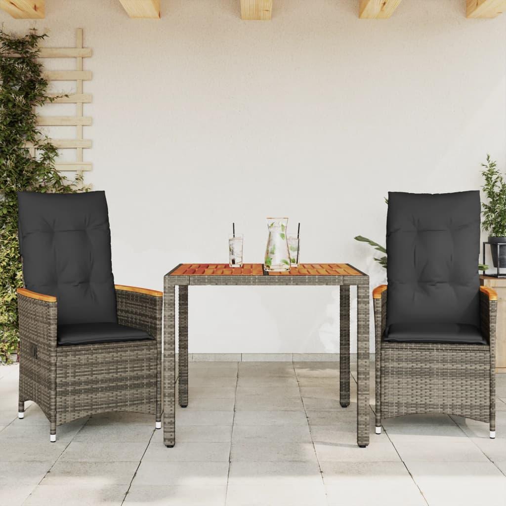 Bistrosæt til haven 3 dele med hynder polyrattan grå