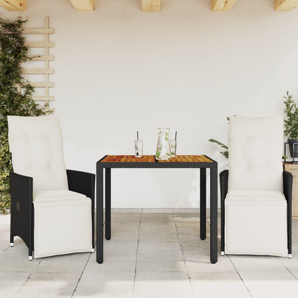 Bistrosæt til haven 3 dele med hynder polyrattan sort