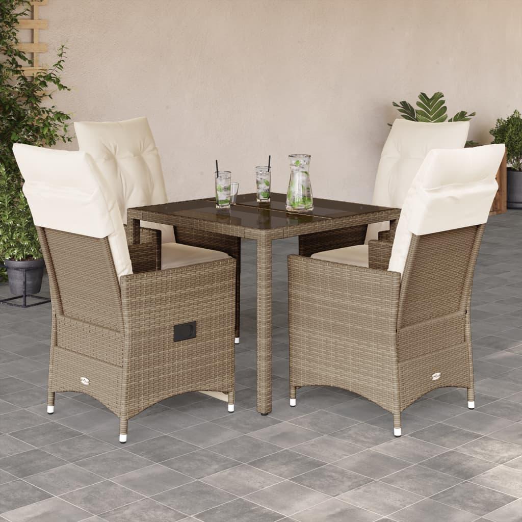 Spisebordssæt til haven 5 dele med hynder polyrattan beige