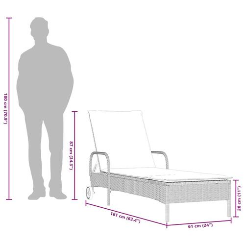 Liggestol med hjul og hynde polyrattan lysegrå