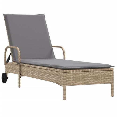 Liggestol med hjul og hynde polyrattan beige