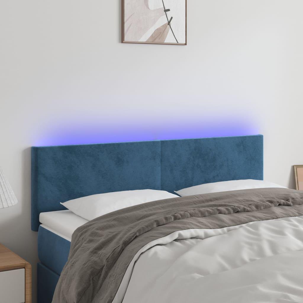 Sengegavl med LED-lys 144x5x78/88 cm fløjl mørkeblå billede