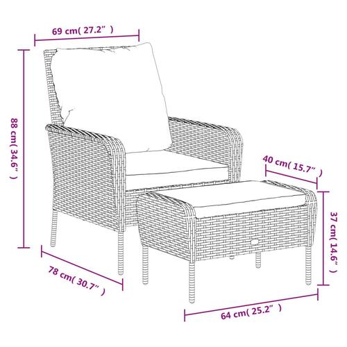 Havestol med fodskammel polyrattan lysebrun