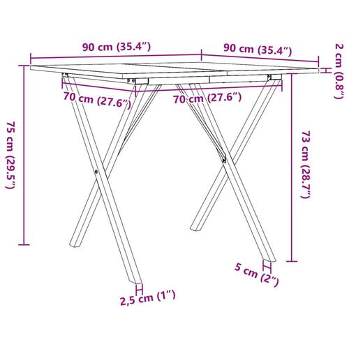 Spisebord 90x90x75 cm X-stel massivt fyrretræ og stål