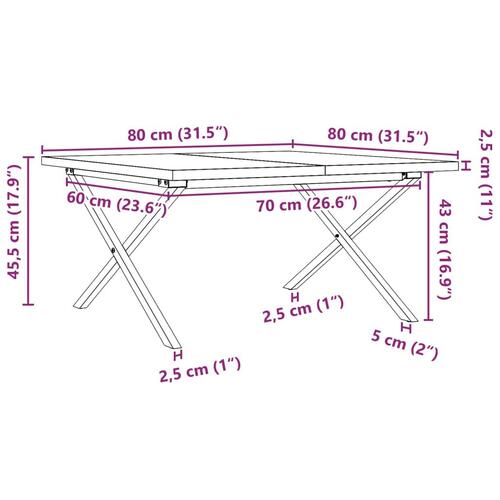 Sofabord 80x80x45,5 cm X-stel massivt fyrretræ og stål