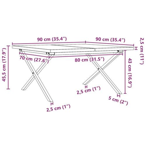 Sofabord 90x90x45,5 cm X-stel massivt fyrretræ og stål