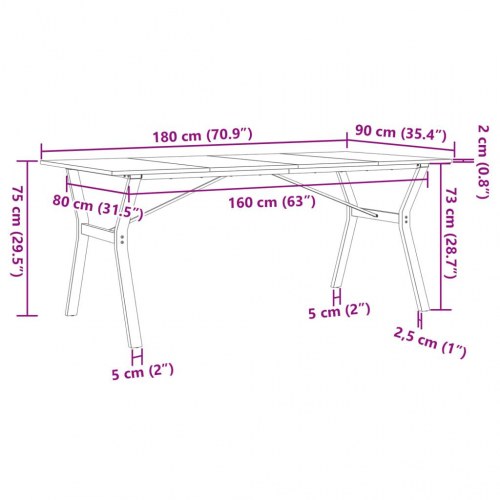 Spisebord 180 x 90 x 75 cm med Y-stel i massivt fyrretræ og stål