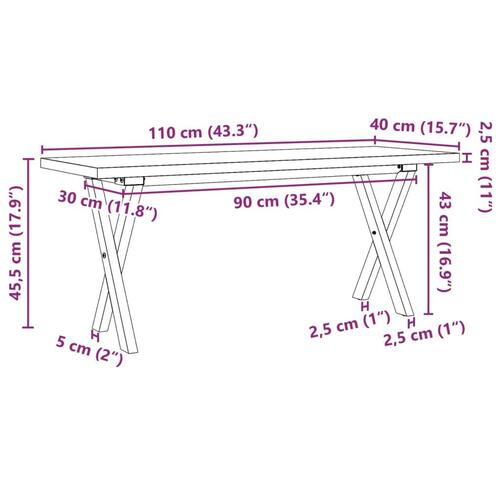 Sofabord 110x40x45,5 cm X-stel massivt fyrretræ og stål
