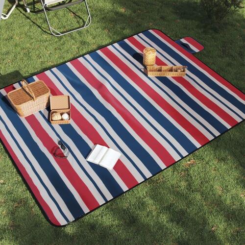 Picnictæppe 200x150 cm foldbart fløjl stribet rød og blå