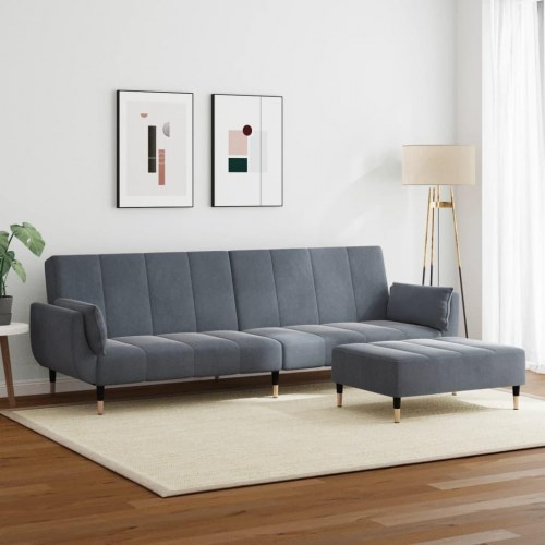2-personers sovesofa med fodskammel velour mørkegrå