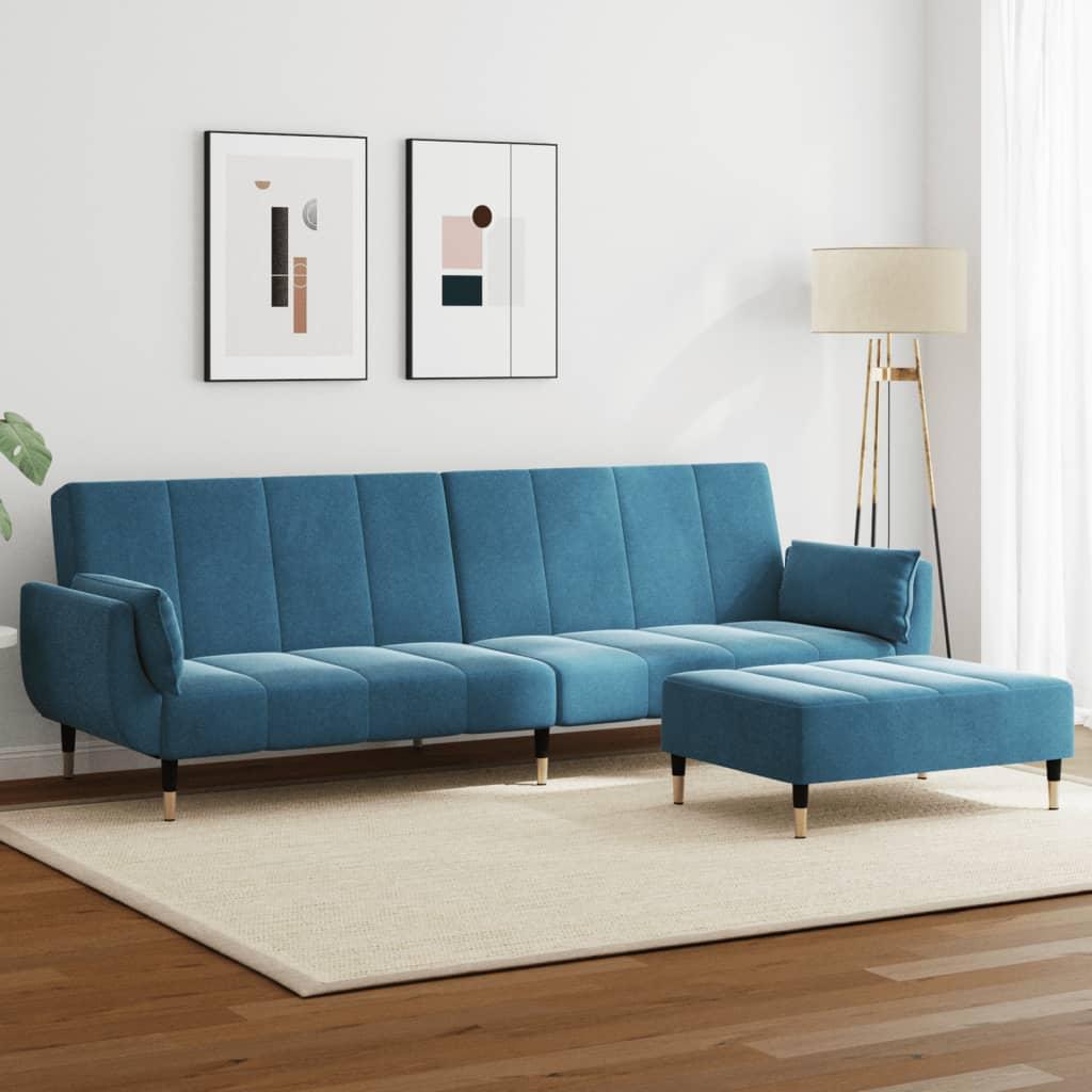 2-personers sovesofa med fodskammel velour blå