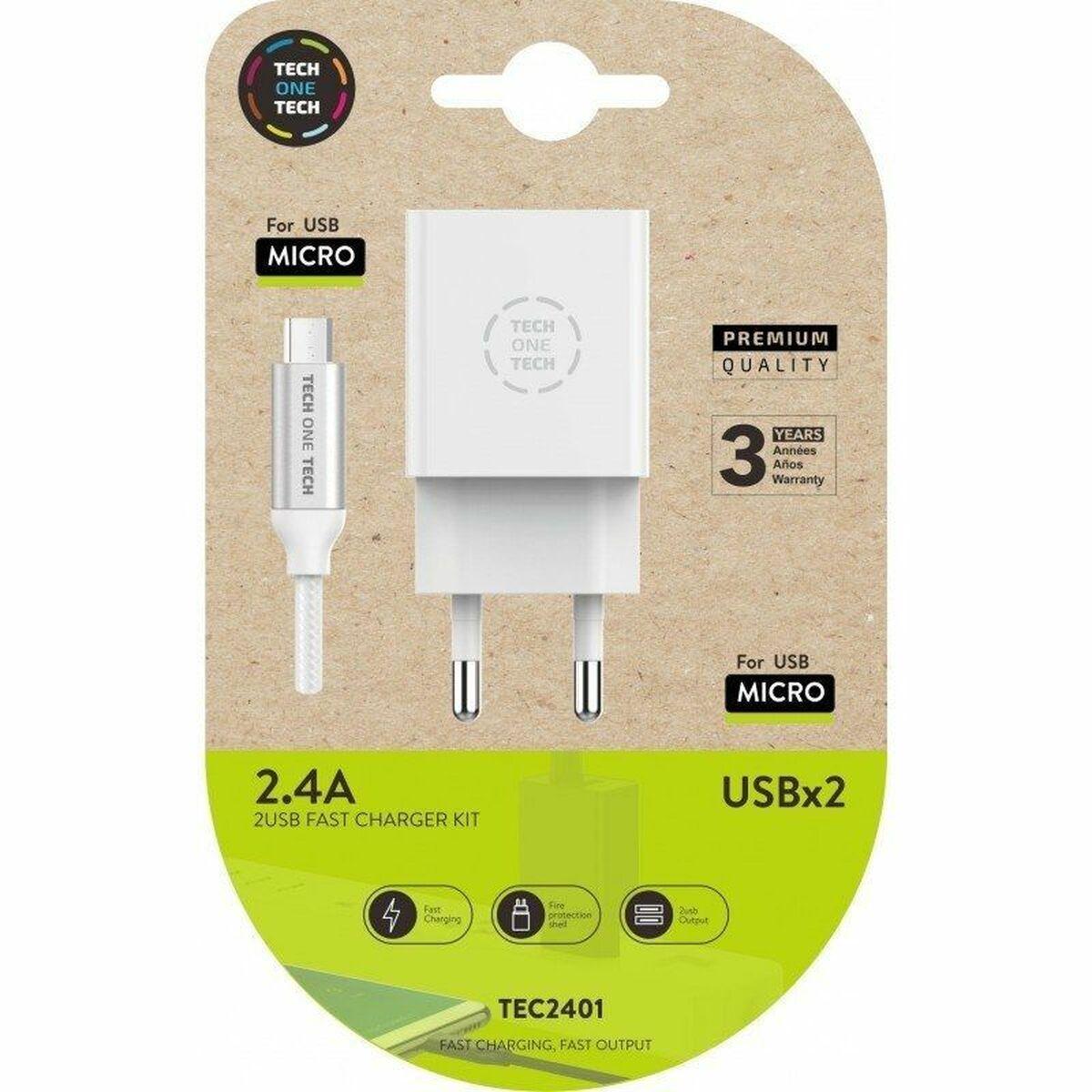 Vægoplader Tech One Tech TEC2401 - Hvid, 2× USB, 2,4 A