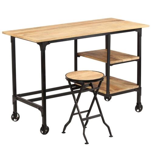 Skrivebord med foldbar taburet massivt mangotræ 115 x 50 x 76 cm