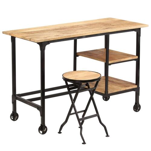 Skrivebord med foldbar taburet massivt mangotræ 115 x 50 x 76 cm