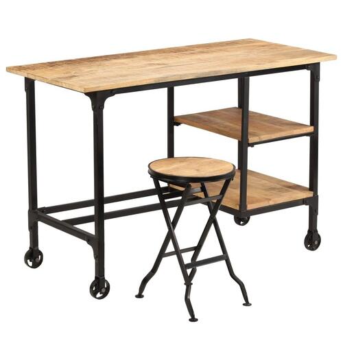 Skrivebord med foldbar taburet massivt mangotræ 115 x 50 x 76 cm
