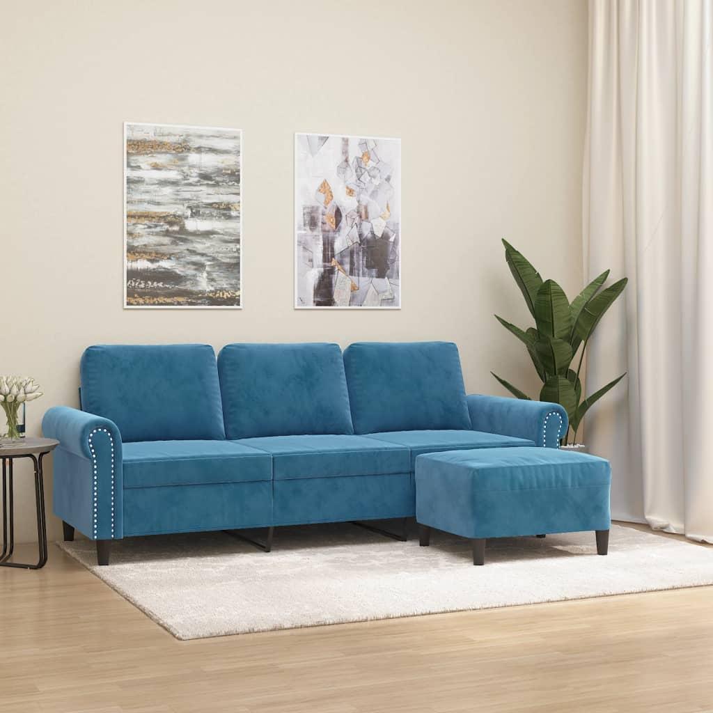 3-personers sofa med fodskammel 180 cm velour blå