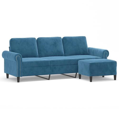 3-personers sofa med fodskammel 180 cm velour blå