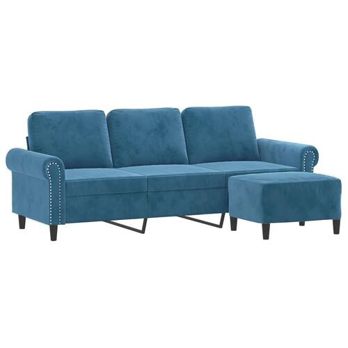 3-personers sofa med fodskammel 180 cm velour blå