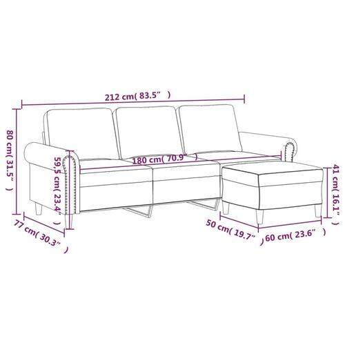 3-personers sofa med fodskammel 180 cm velour vinrød