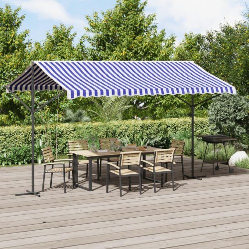 Fritstående markise 400×300 cm - blå/hvid stof og stål