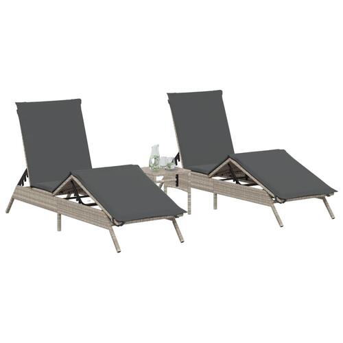 Liggestole 2 stk. med bord polyrattan lysegrå