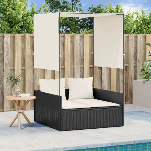 Solseng med tag og gardiner polyrattan sort