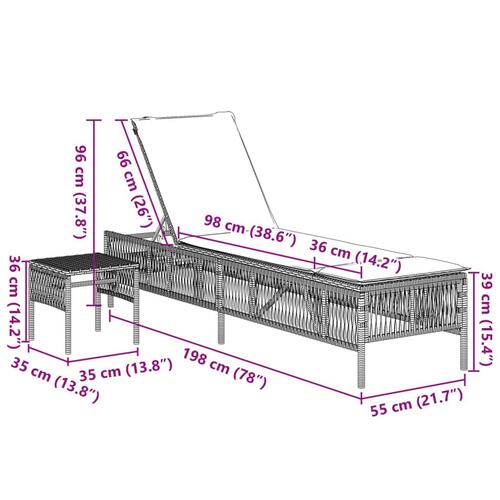 Liggestole 2 stk. med bord polyrattan grå