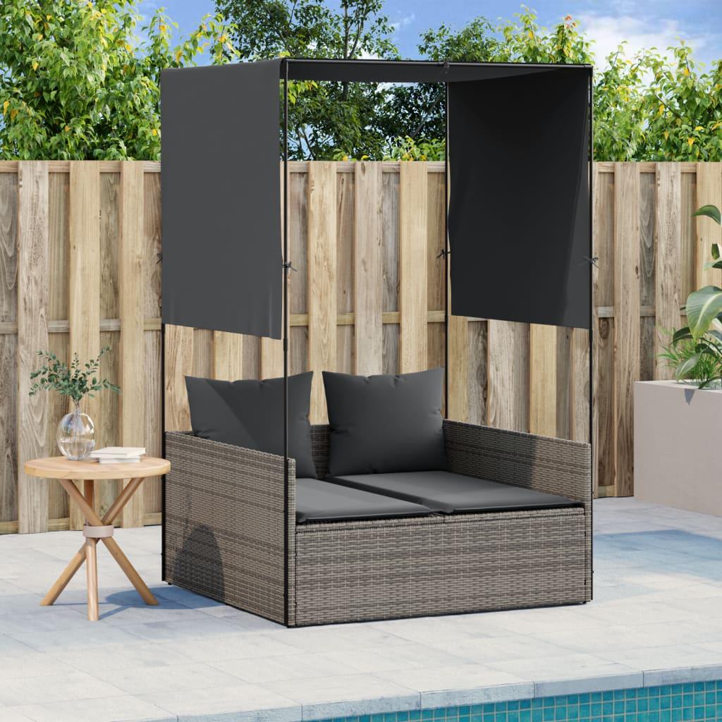 Solseng med tag og gardiner polyrattan grå