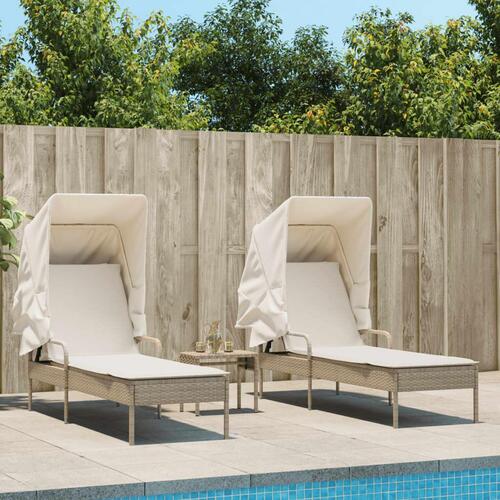 Liggestole 2 stk. med baldakiner og bord polyrattan beige