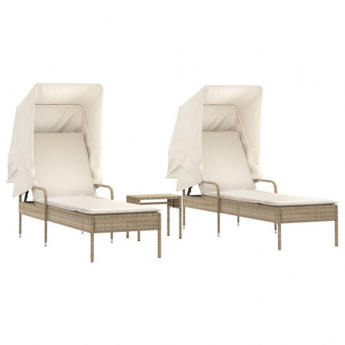 Liggestole 2 stk. med baldakiner og bord polyrattan beige