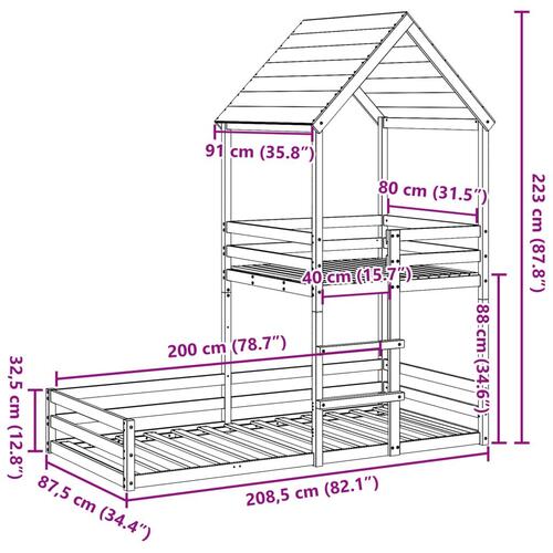 Køjeseng med tag 80x200 cm massivt fyrretræ hvid