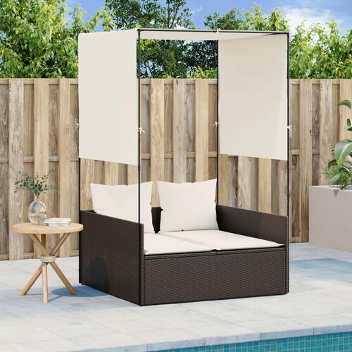 Solseng med tag og gardiner polyrattan brun