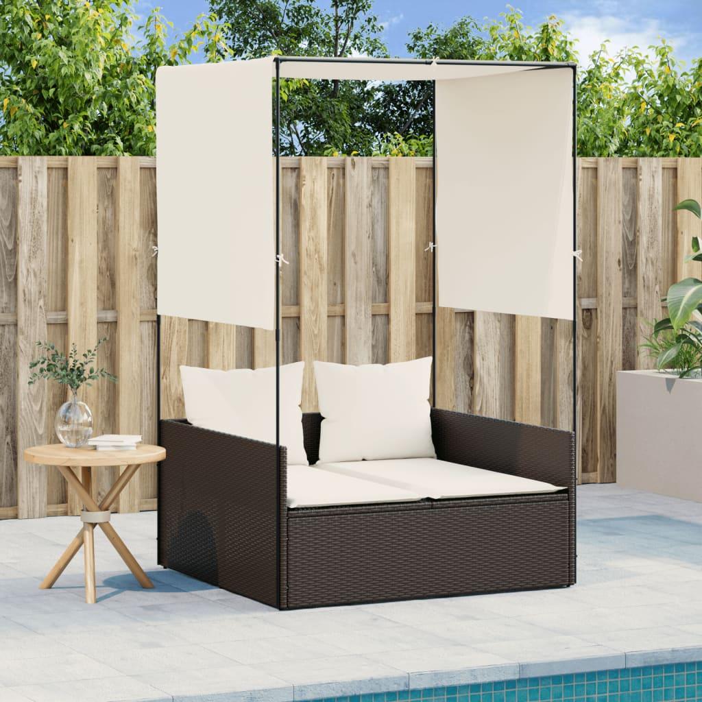 Solseng med tag og gardiner polyrattan brun