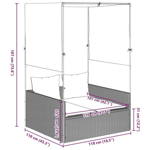 Solseng med tag og gardiner polyrattan brun