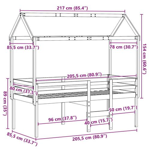 Højseng med tag 80x200 cm massivt fyrretræ gyldenbrun