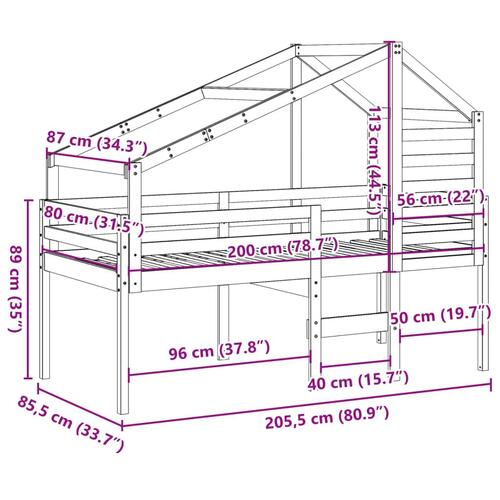 Højseng med tag 80x200 cm massivt fyrretræ gyldenbrun