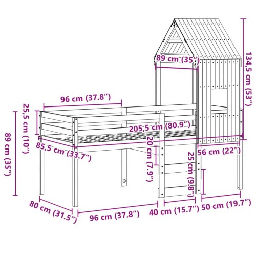 Højseng med tag 80×200 cm i massivt fyrretræ - hvid