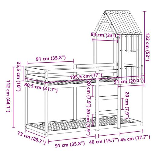 Køjeseng med tag 75x190 cm massivt fyrretræ hvid