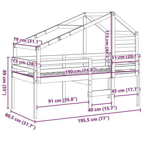Højseng med tag 75x190 cm massivt fyrretræ gyldenbrun