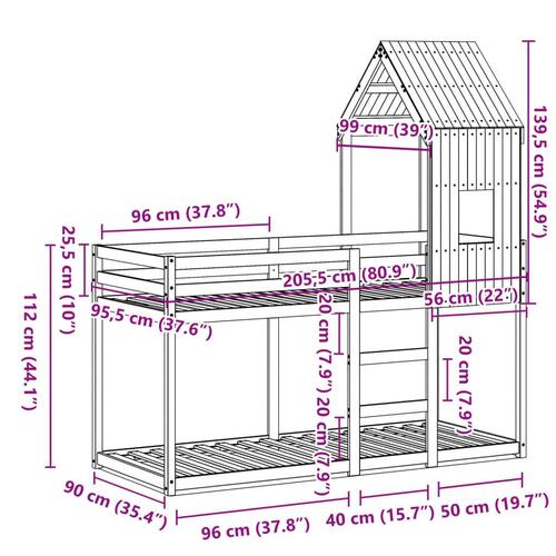 Køjeseng med tag 90x200 cm massivt fyrretræ